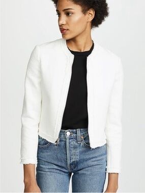 Theory White Spring Boucle Flounce Zip Jacket Linen Fringe Luxury Coastal Small